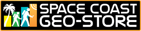 Space Coast Geo Store Logo for the #1 Supplier of Geocaching Gear. Logo is black with white letters, and pictures two stick figures hiking on the left side.