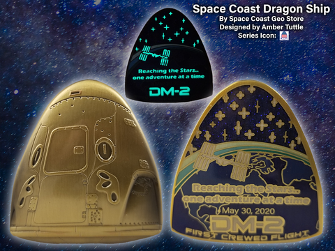Space Coast Dragon Ship Geocoin - Antique Gold
