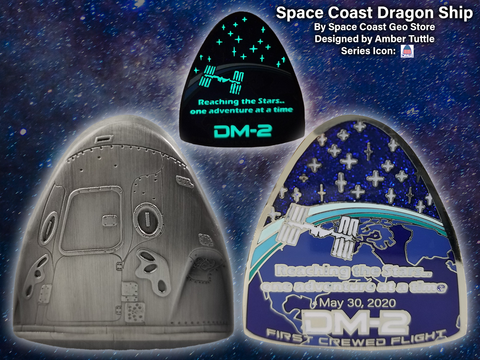 Space Coast Dragon Ship Geocoin - Antique Silver